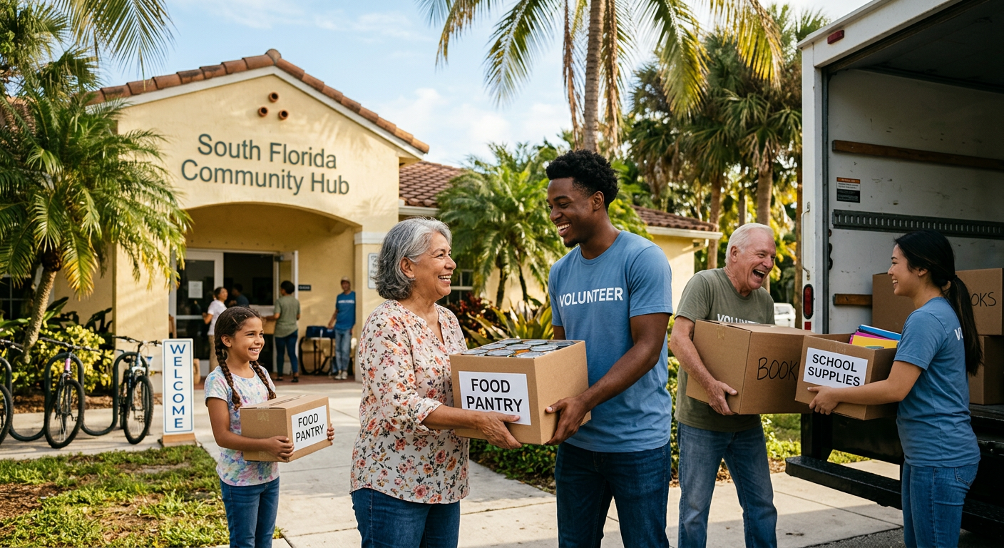 Volunteers unloading food and school supplies outside a community center