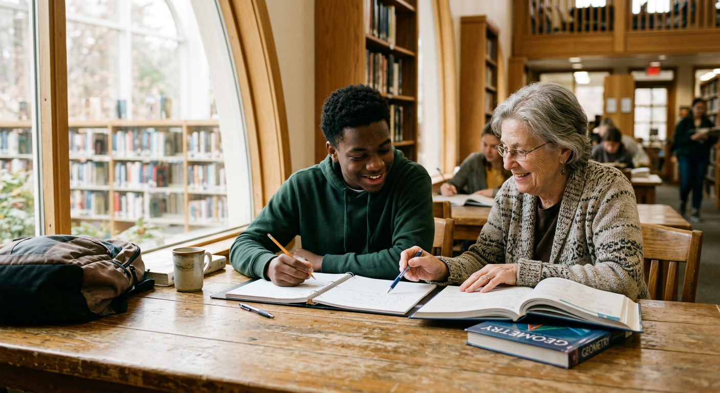 A mentor helping a student with homework in a library
